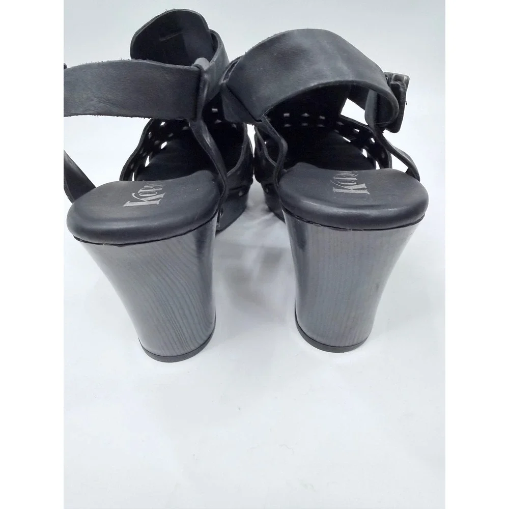 Korks Platform Sandals Womens 8 Black Leather Studded Wood Heel